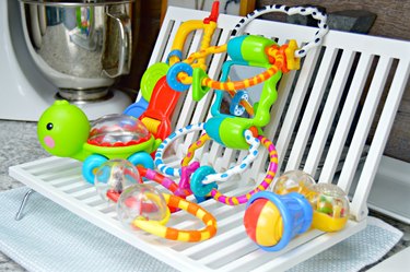 Drying baby toys on dish rack