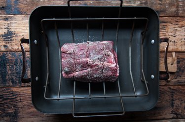 Beef rib eye roast in roasting pan