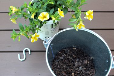 add soil, flowers to galvanized paint bucket