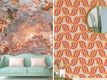 Side-by-side collage featuring Italianate and retro wave wallpaper