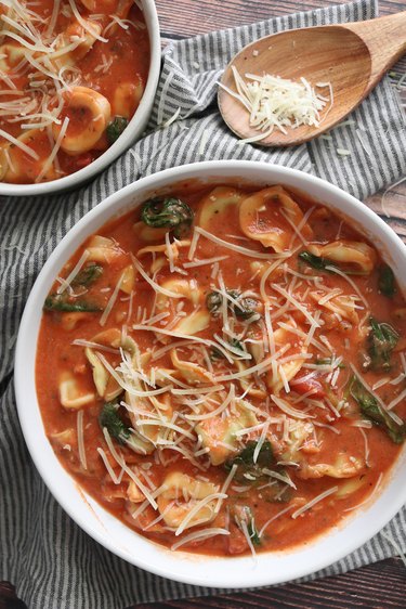 Finished one-pot creamy tortellini soup in a bowl