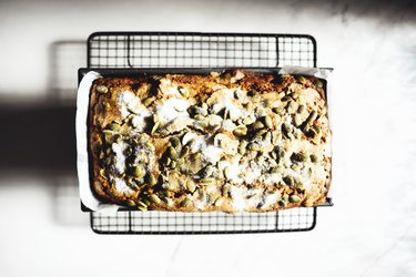 The pumpkin bread should be golden all over and crisp around the edges.