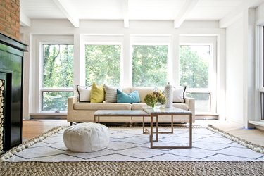 Completed drop cloth rug in living room interior