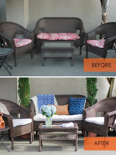 Before and after of patio cushions covered with canvas drop cloth