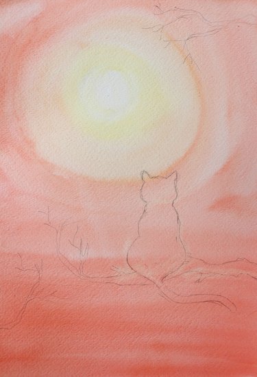 Draw silhouette of cat and branches in foreground.
