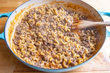 Taco-seasoned mac and cheese in pan