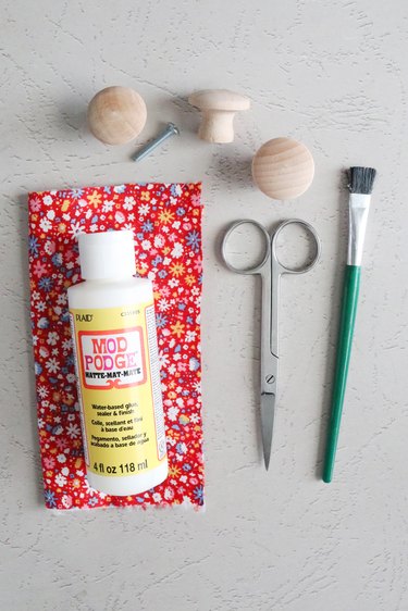 Supplies for DIY decoupage Liberty print cabinet knobs