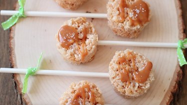 Close up of salted caramel Krispies pops.
