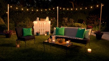 backyard with string lights at night