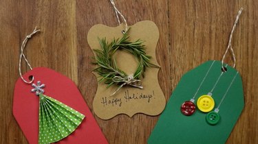 DIY Christmas tree gift tag, button ornament tags, and rosemary wreath tag.
