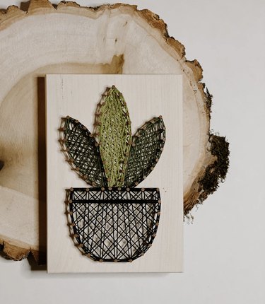 String art kit of a three-leaf houseplant in a pot on a light-finished wood board set against a tree round background.