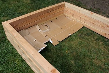 Place cardboard on grass to smother weeds