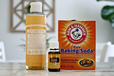Castille soap, baking soda, essential oil