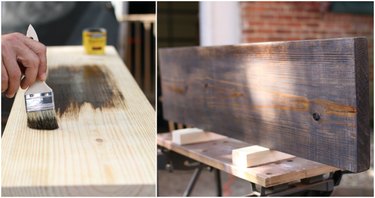 Split-photo showing the wood being stained and the finished product