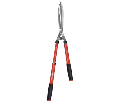 Corona extendable hedge shears against a white background. The handles and blades are very long, and one handle looks longer than the other to show off the adjustability.