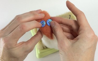 Female hands holding blue buttons against an orange fox