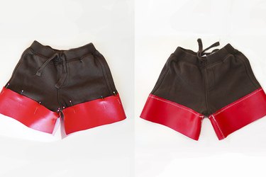 vinyl thigh pieces pinned and sewn to pants