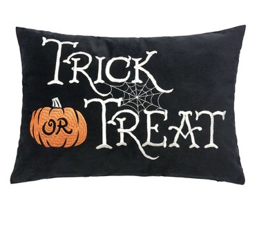 Trick Or Treat Halloween Lumbar Pillow from Wayfair. The pillow is black velvet with white lettering, a spiderweb and a pumpkin. It says "Trick or Treat."