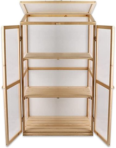 BIGTREE cold frame allows extra space with three slatted wood shelves.