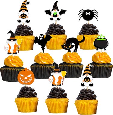 Halloween Cupcake Toppers from Amazon. There are gnomes, spiders, bats, cats, cauldrons, and pumpkins attached to toothpicks that go in the top of a cupcake.