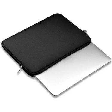 Fysho Slim Laptop Sleeve Case in black shown with a silver laptop against a white background.