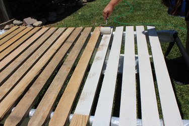Using exterior paint and primer for stakes.
