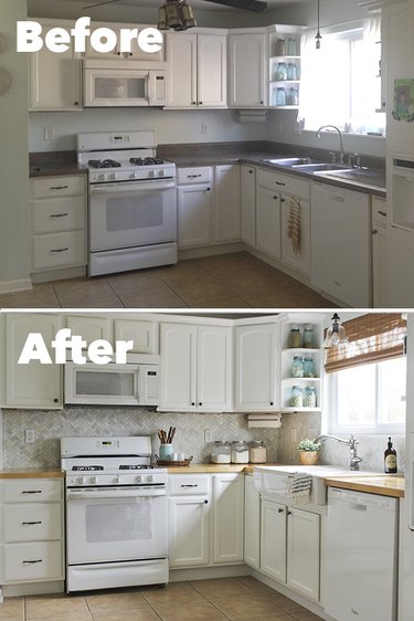 Before and after of kitchen with backsplash.