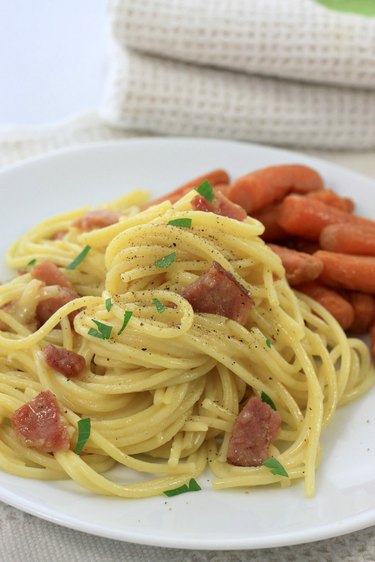 Pasta Carbonara with Ham and Roasted Carrots