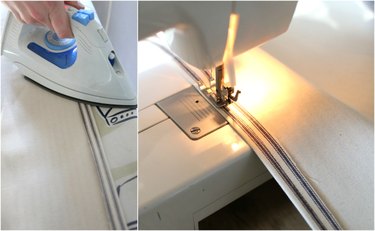 Dual photo showing the ironing and sewing of the fabric