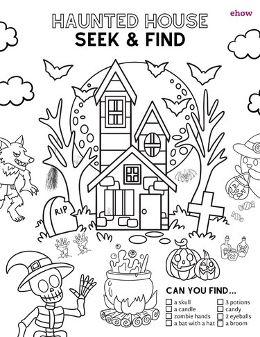 A coloring page featuring a seek and find activity and images of a haunted house, jack-o'-lanterns, a ghost, a werewolf and more