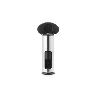 Brabantia twist type wine bottle opener in black and matte steel, on a white ground