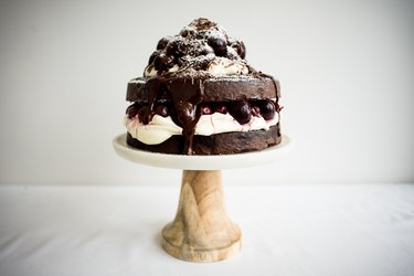 Black Forest cake on a cake stand.