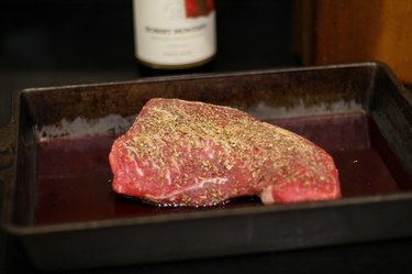 Tri-tip in roasting pan with wine