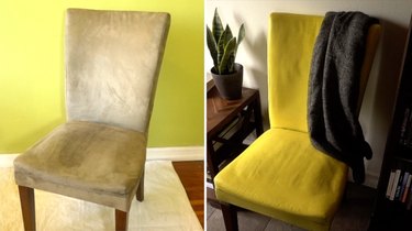 Before and after painting fabric upholstery with chalk paint.