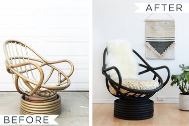 Before and after image of painted rattan chair