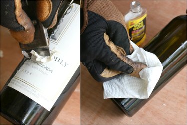 Removing wine labels from the bottle