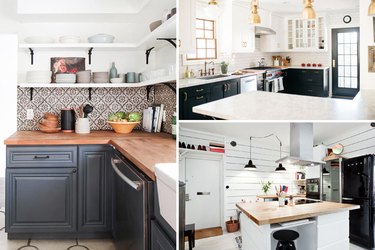 Three bright kitchens with tile backsplashes.