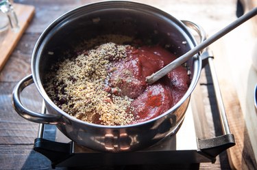 Vegan chili cooking in a pot