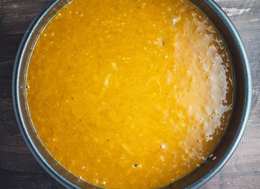 Pumpkin cake batter in the baking pan.