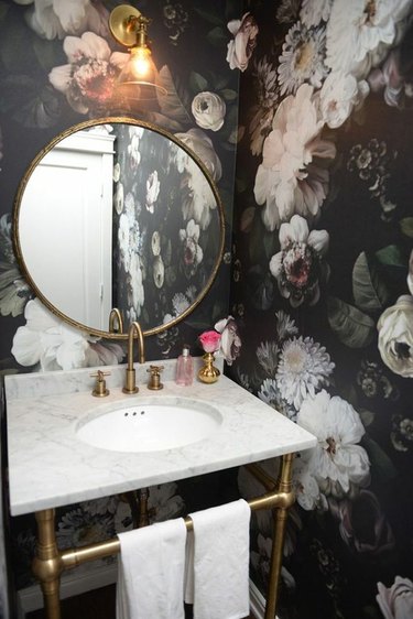 Bold wallpaper in powder bathroom