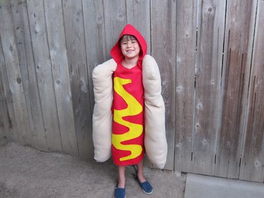 little boy in a hot dog costume