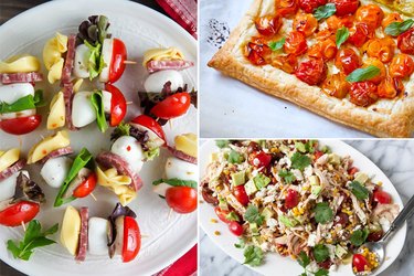 Skewers, a tart, and salad.