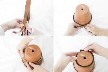 Cutting belts and measuring strips around pot.