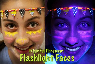 young girl with headband under normal lighting on the right and with her face glowing purple on the left