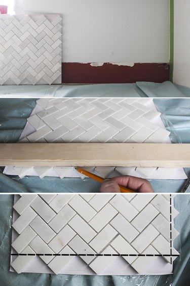 Drawing cut lines on mosaic herringbone tile.