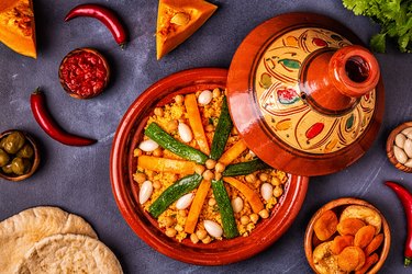 Vegetable tagine with almond and chickpea couscousm
