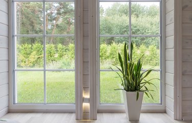Bright photo studio interior with big window, high ceiling, white wooden floor