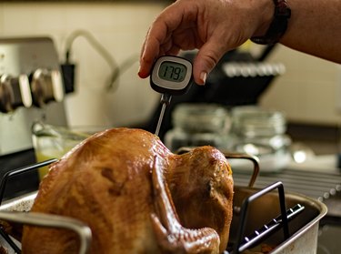 Thanksgiving turkey is checked for doneness