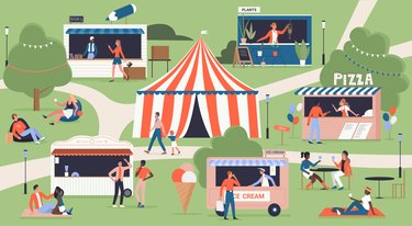 Summer food market festival map, city fair in green park, happy family with kids walking