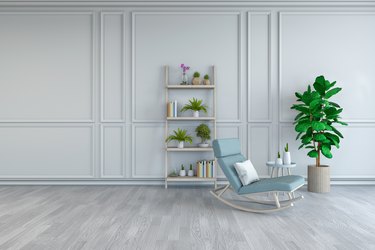 Minimalist Room Interior Design, Light Blue Lounge Chair With Plant In White Room
